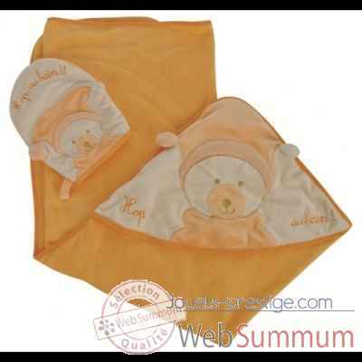 Coffret cadeau naissance cape de bain et gant mandarine Doudou Compagnie -dc2079