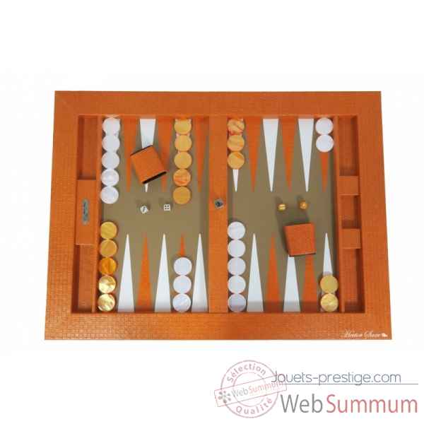 Plateau de backgammon cuir natte orange -B601003-o