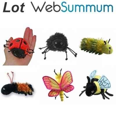 Lot 6 marionnettes a doigt insectes coccinelle, araignee, chenilles, papillon, bourdon -LWS-469