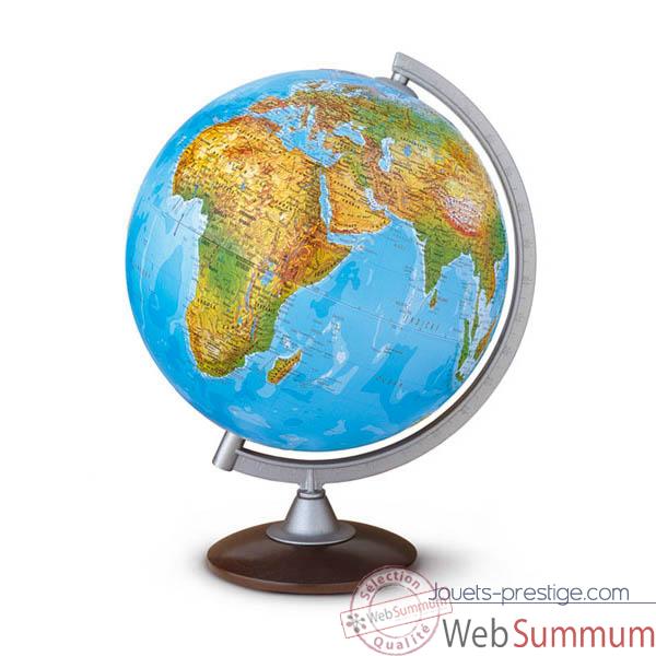 Globe Relief Azimuth - Boule bleue lumineuse - Pied bois et m�ridien plastique couleur argent - Cartographie double effet : physique �teint, politique allum� - diam 30 cm - hauteur 42 cm