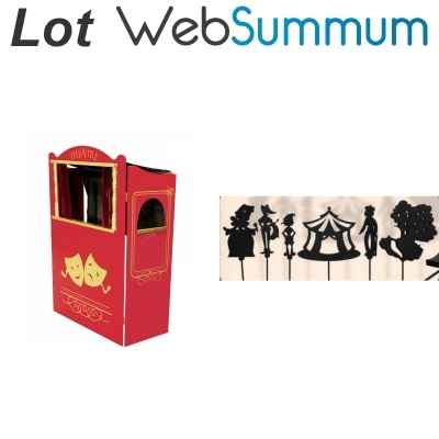 Theatre rouge en bois - 6 marionnettes Pinocchio - livret et cloche de scene -LWS-300